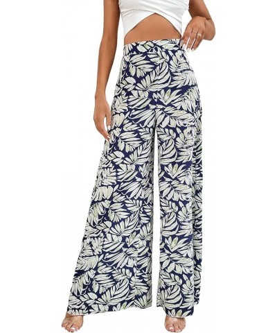 Women's Tropical Print High Elastic Waisted Wide Leg Loose Pants Trousers Dark Blue and White $9.00 Pants