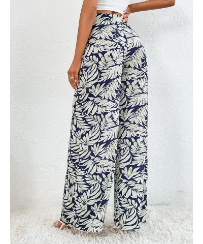 Women's Tropical Print High Elastic Waisted Wide Leg Loose Pants Trousers Dark Blue and White $9.00 Pants