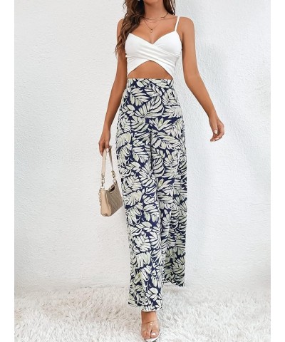 Women's Tropical Print High Elastic Waisted Wide Leg Loose Pants Trousers Dark Blue and White $9.00 Pants