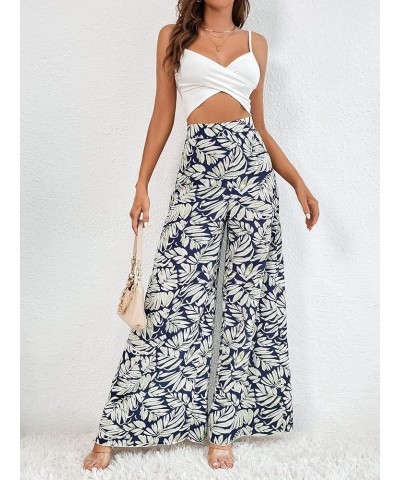 Women's Tropical Print High Elastic Waisted Wide Leg Loose Pants Trousers Dark Blue and White $9.00 Pants