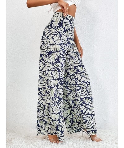 Women's Tropical Print High Elastic Waisted Wide Leg Loose Pants Trousers Dark Blue and White $9.00 Pants