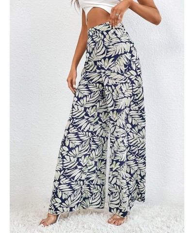 Women's Tropical Print High Elastic Waisted Wide Leg Loose Pants Trousers Dark Blue and White $9.00 Pants