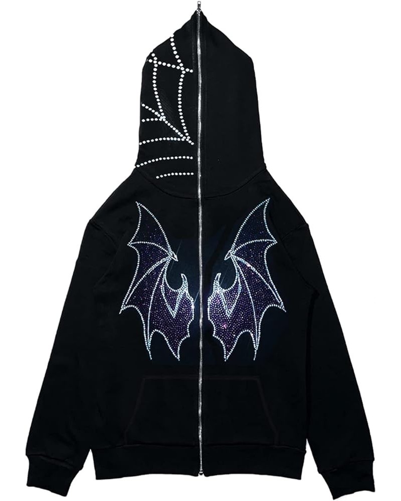 Y2k Hoodie Graphic Jackets Rhinestone Oversized Full Zip Up Hoodies for Women Men Aesthetic Goth Punk Halloween Clothes Black...