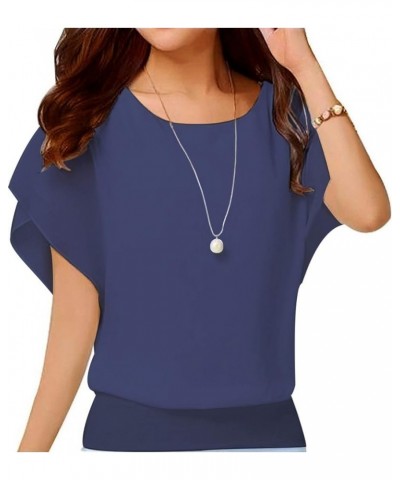 Women's Summer Loose Casual Short Sleeve Chiffon Top T-Shirt Blouse Navy Blue $8.50 Blouses