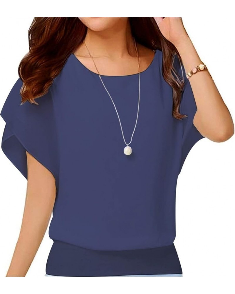 Women's Summer Loose Casual Short Sleeve Chiffon Top T-Shirt Blouse Navy Blue $8.50 Blouses