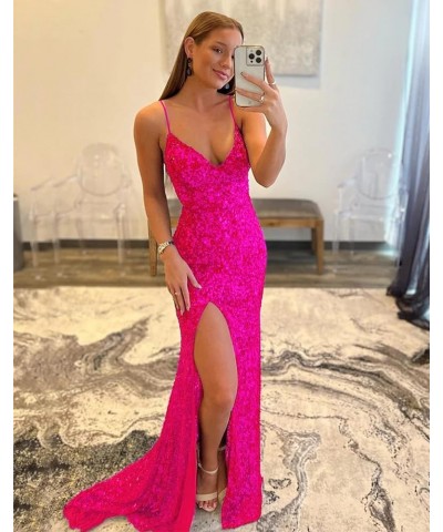 Women's Sequin Mermaid Prom Dresses with Slit Spaghetti Straps V Neck Long Formal Evening Gowns Royal Blue $38.24 Dresses