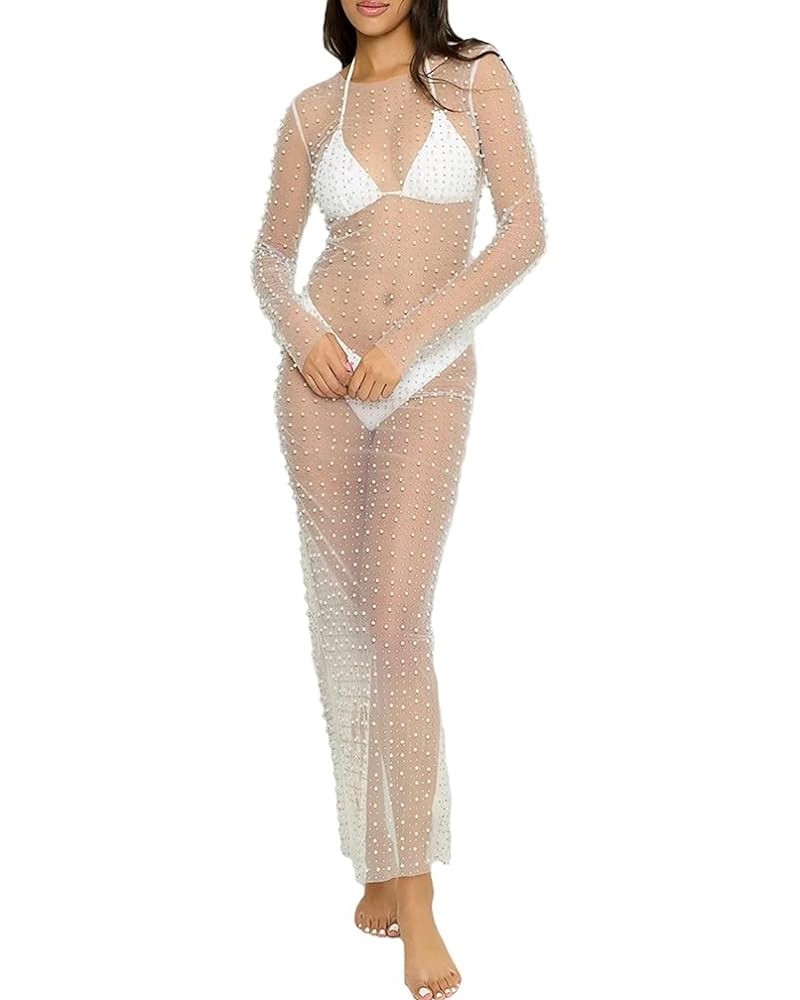 Women Sexy Pearl Mesh Swimwear Cover Up See Through Long Sleeve Sheer Rhinestone Beads Bikini Coverup Beachwear White $18.48 ...