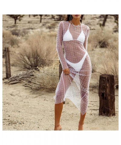 Women Sexy Pearl Mesh Swimwear Cover Up See Through Long Sleeve Sheer Rhinestone Beads Bikini Coverup Beachwear White $18.48 ...