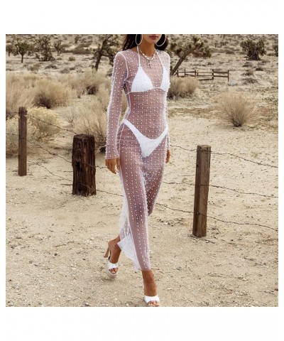 Women Sexy Pearl Mesh Swimwear Cover Up See Through Long Sleeve Sheer Rhinestone Beads Bikini Coverup Beachwear White $18.48 ...