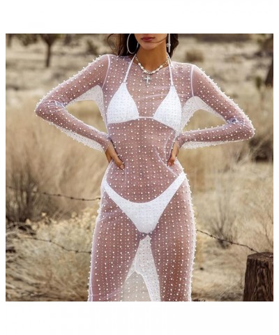 Women Sexy Pearl Mesh Swimwear Cover Up See Through Long Sleeve Sheer Rhinestone Beads Bikini Coverup Beachwear White $18.48 ...