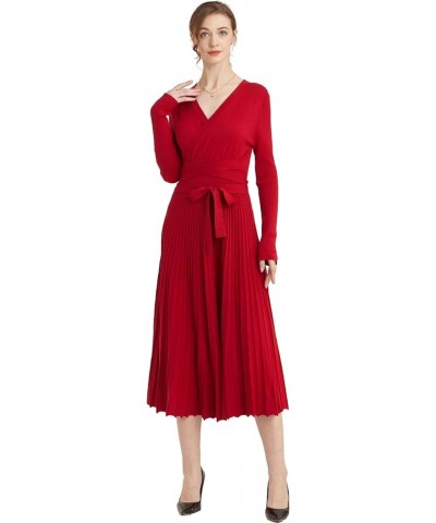 Women fit and Flare Sweater Dress tie Waist Pleated Dress Crewneck Knitted Dress Red $22.79 Dresses