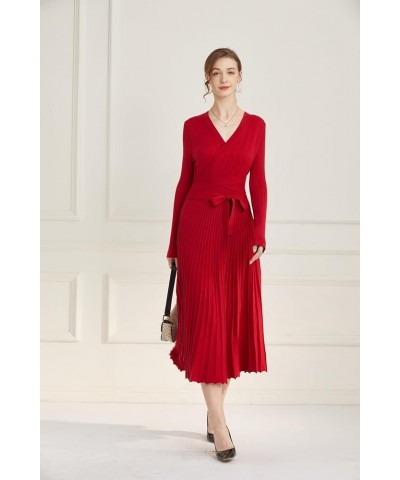 Women fit and Flare Sweater Dress tie Waist Pleated Dress Crewneck Knitted Dress Red $22.79 Dresses