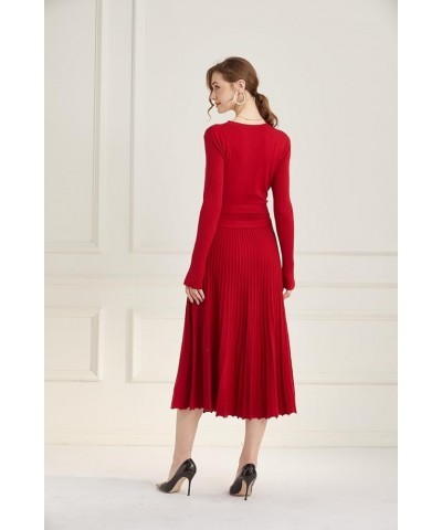 Women fit and Flare Sweater Dress tie Waist Pleated Dress Crewneck Knitted Dress Red $22.79 Dresses