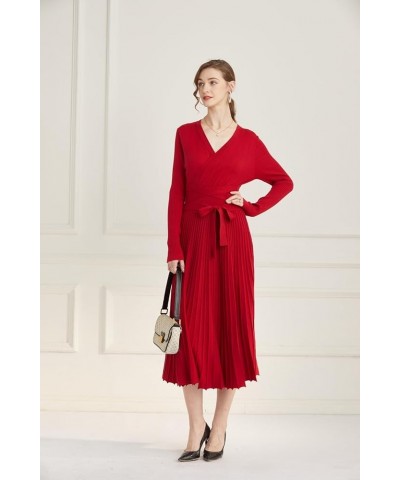 Women fit and Flare Sweater Dress tie Waist Pleated Dress Crewneck Knitted Dress Red $22.79 Dresses