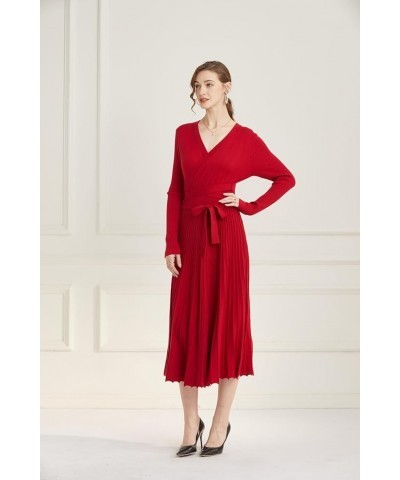 Women fit and Flare Sweater Dress tie Waist Pleated Dress Crewneck Knitted Dress Red $22.79 Dresses