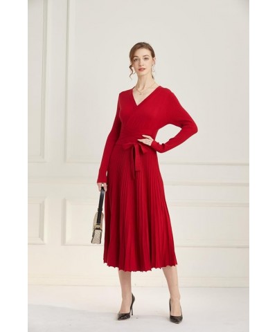 Women fit and Flare Sweater Dress tie Waist Pleated Dress Crewneck Knitted Dress Red $22.79 Dresses