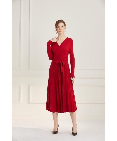 Women fit and Flare Sweater Dress tie Waist Pleated Dress Crewneck Knitted Dress Red $22.79 Dresses