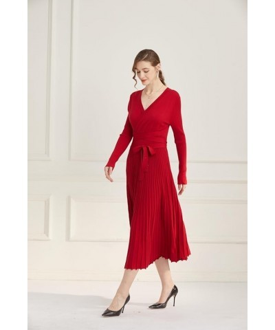 Women fit and Flare Sweater Dress tie Waist Pleated Dress Crewneck Knitted Dress Red $22.79 Dresses