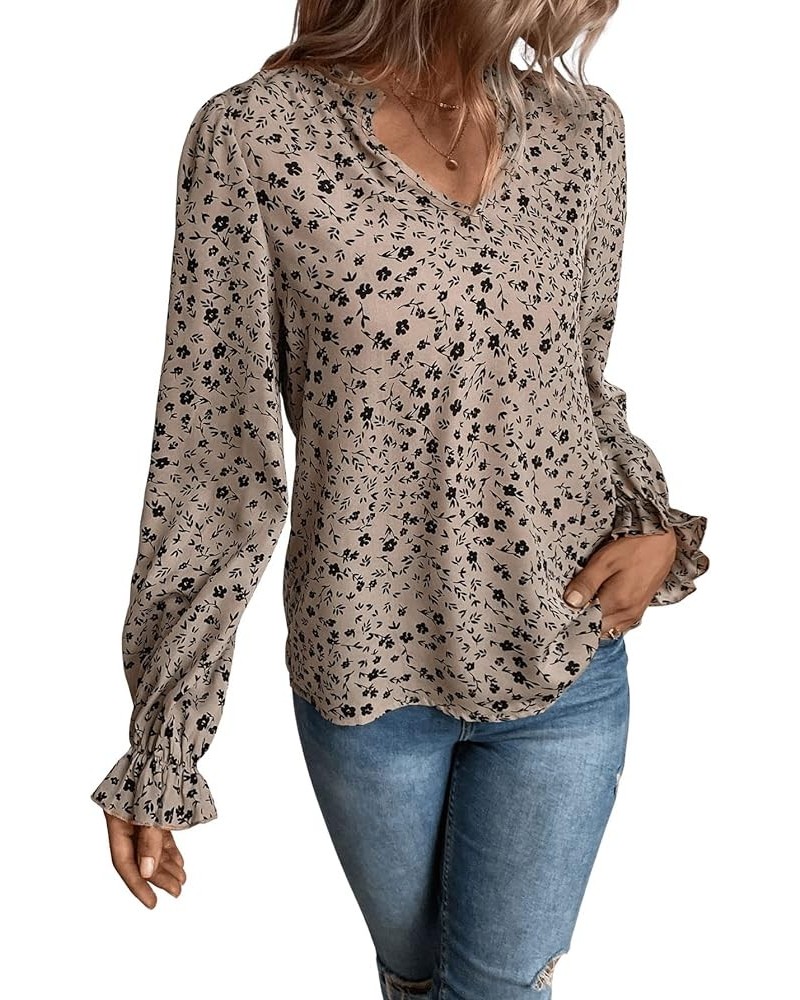 Women's Ditsy Floral Ruffle Long Sleeve Blouse V Neck Boho Top Shirt Khaki $8.09 Blouses