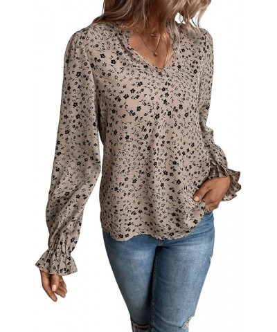 Women's Ditsy Floral Ruffle Long Sleeve Blouse V Neck Boho Top Shirt Khaki $8.09 Blouses