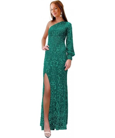 One Shoulder Mermaid Prom Dresses with Sleeve Sequin Lace Formal Evening Dress with Slit Teal $33.14 Dresses