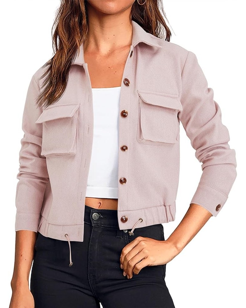 Women's Military Safari Cropped Jackets Button Down Lightweight Oversized Utility Anorak Coat with Pockets Pink Stripe-thicke...