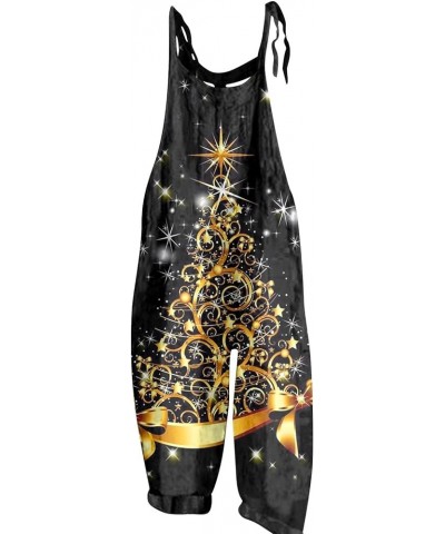 Christmas Loose Linen Women's Overalls Santa Claus Snowman Snowflake Star Penguin Prints Jumpsuits Rompers Pants 03-gold $11....