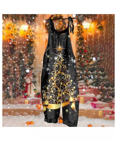 Christmas Loose Linen Women's Overalls Santa Claus Snowman Snowflake Star Penguin Prints Jumpsuits Rompers Pants 03-gold $11....