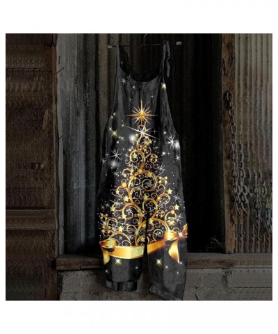 Christmas Loose Linen Women's Overalls Santa Claus Snowman Snowflake Star Penguin Prints Jumpsuits Rompers Pants 03-gold $11....