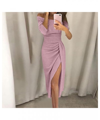 Wedding Guest Dresses for Women 2023 Long Sleeve/One Shoulder Bodycon Slit Ruffle Maxi Sexy Dress H043 Rose Gold $11.25 Dresses