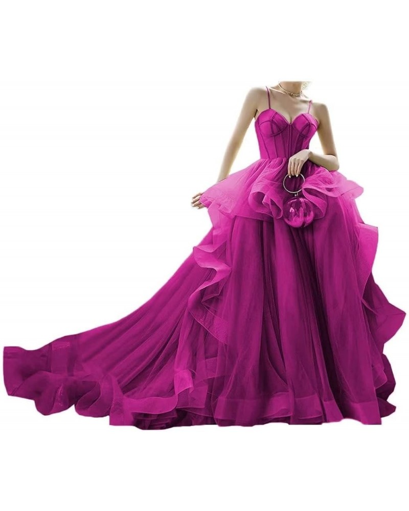 Spaghetti Straps Tulle Prom Dresses for Women Long Sweetheart Ball Gown Puffy Ruffled Evening Gowns with Train Y94 Fuchsia $5...