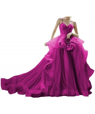 Spaghetti Straps Tulle Prom Dresses for Women Long Sweetheart Ball Gown Puffy Ruffled Evening Gowns with Train Y94 Fuchsia $5...