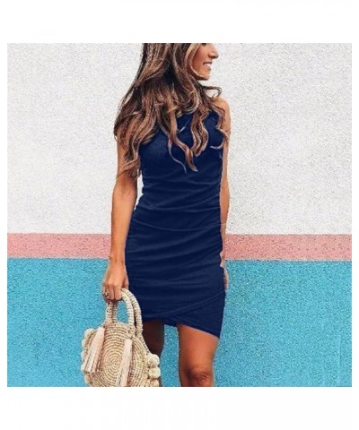 Women 2023 Summer Sleeveless Tank Dresses Crew Neck Slim Fit Short Casual Ruched Bodycon Party Club Mini Dress A1-navy $7.96 ...