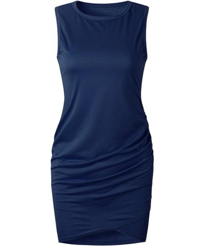 Women 2023 Summer Sleeveless Tank Dresses Crew Neck Slim Fit Short Casual Ruched Bodycon Party Club Mini Dress A1-navy $7.96 ...