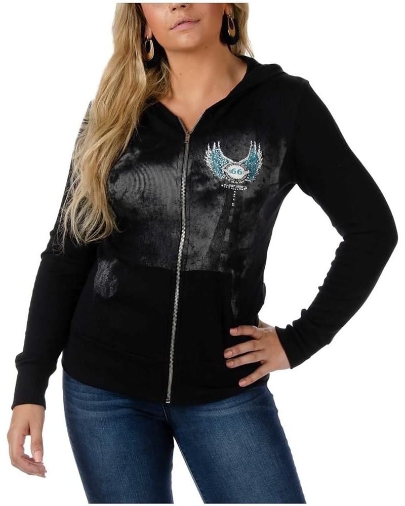 Women's Ride Route 66 Embellished Ribbed Knit Zip-Up Hoodie - Black Black $31.80 Hoodies & Sweatshirts