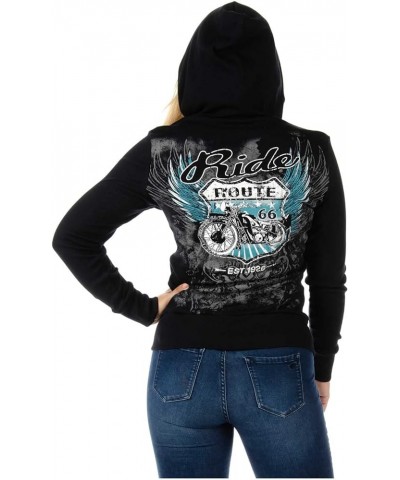 Women's Ride Route 66 Embellished Ribbed Knit Zip-Up Hoodie - Black Black $31.80 Hoodies & Sweatshirts