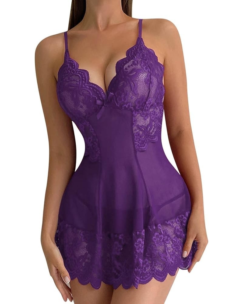 Lingerie for Women Womens Lace Babydoll Chemise Sexy V Neck Nighty Mesh Sleepwear Plus Size Boudoir Teddy Nightdress Purple $...