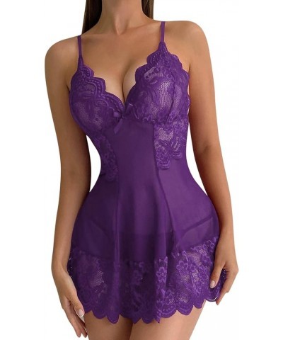 Lingerie for Women Womens Lace Babydoll Chemise Sexy V Neck Nighty Mesh Sleepwear Plus Size Boudoir Teddy Nightdress Purple $...