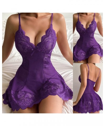 Lingerie for Women Womens Lace Babydoll Chemise Sexy V Neck Nighty Mesh Sleepwear Plus Size Boudoir Teddy Nightdress Purple $...