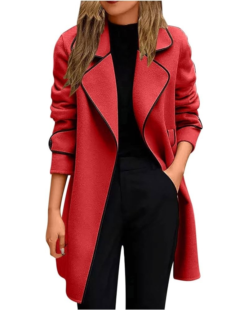 Women Trench Coats 2023 Lightweight Long Wool Pea Coats Fashion Lightweight Open Front Jacket Coat Outwear With Belt W03●●red...