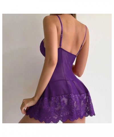 Lingerie for Women Womens Lace Babydoll Chemise Sexy V Neck Nighty Mesh Sleepwear Plus Size Boudoir Teddy Nightdress Purple $...