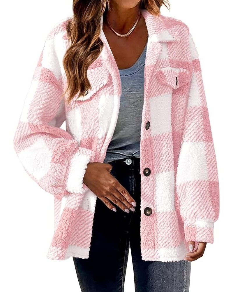 Jacket for Women Fashion Casual Fall Women's Plaid Button down Brushed Long Sleeve Pocket Jacket Queen Sweaters Tops 01-pink ...