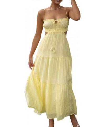 Women Spaghetti Strap Maxi Dress Y2k Backless Bodycon Long Dress Sexy Low Cut High Split Dress A-yellow $9.59 Dresses