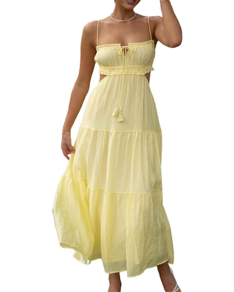 Women Spaghetti Strap Maxi Dress Y2k Backless Bodycon Long Dress Sexy Low Cut High Split Dress A-yellow $9.59 Dresses