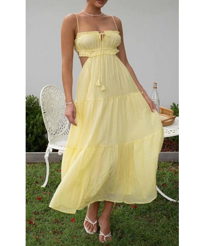 Women Spaghetti Strap Maxi Dress Y2k Backless Bodycon Long Dress Sexy Low Cut High Split Dress A-yellow $9.59 Dresses