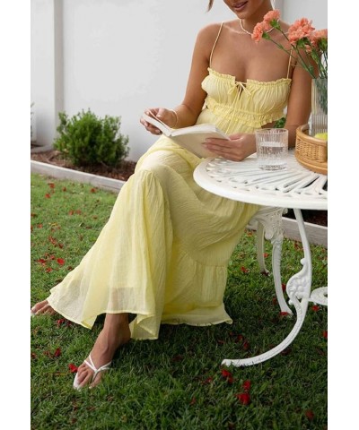 Women Spaghetti Strap Maxi Dress Y2k Backless Bodycon Long Dress Sexy Low Cut High Split Dress A-yellow $9.59 Dresses