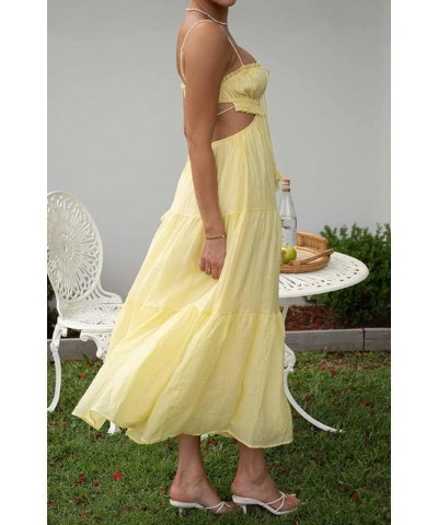 Women Spaghetti Strap Maxi Dress Y2k Backless Bodycon Long Dress Sexy Low Cut High Split Dress A-yellow $9.59 Dresses