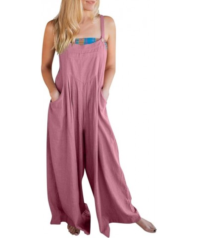 Summer Jumpsuits for Women Cotton Linen Sleeveless Adjustable Strap Button Jumpsuits Casual Loose Wide Leg Rompers E-pink $11...