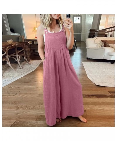 Summer Jumpsuits for Women Cotton Linen Sleeveless Adjustable Strap Button Jumpsuits Casual Loose Wide Leg Rompers E-pink $11...