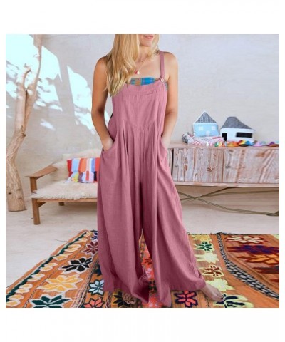 Summer Jumpsuits for Women Cotton Linen Sleeveless Adjustable Strap Button Jumpsuits Casual Loose Wide Leg Rompers E-pink $11...